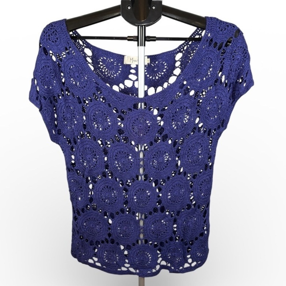 Missa Purple Crochet Medallion Open Knit Boho Scoop Neck Top Large L